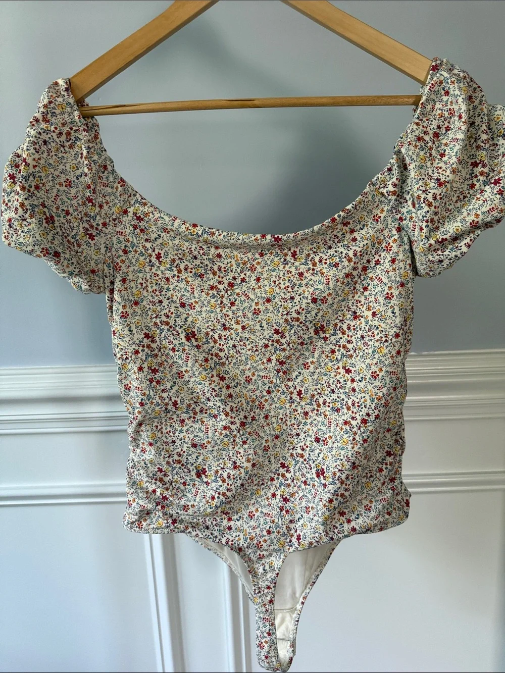 Free People Intimately FP Printed Floral Bella Bodysuit Puff Sleeves L Large